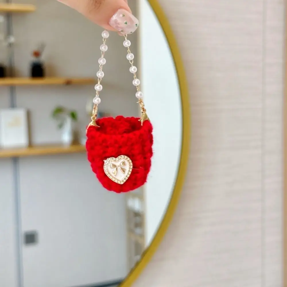 Miniature Pearl Chain Crossbody Bag Crochet Braid Handbag Doll Knitted Shoulder Bag Colorful Sweet Mini Crossbody Doll Bag