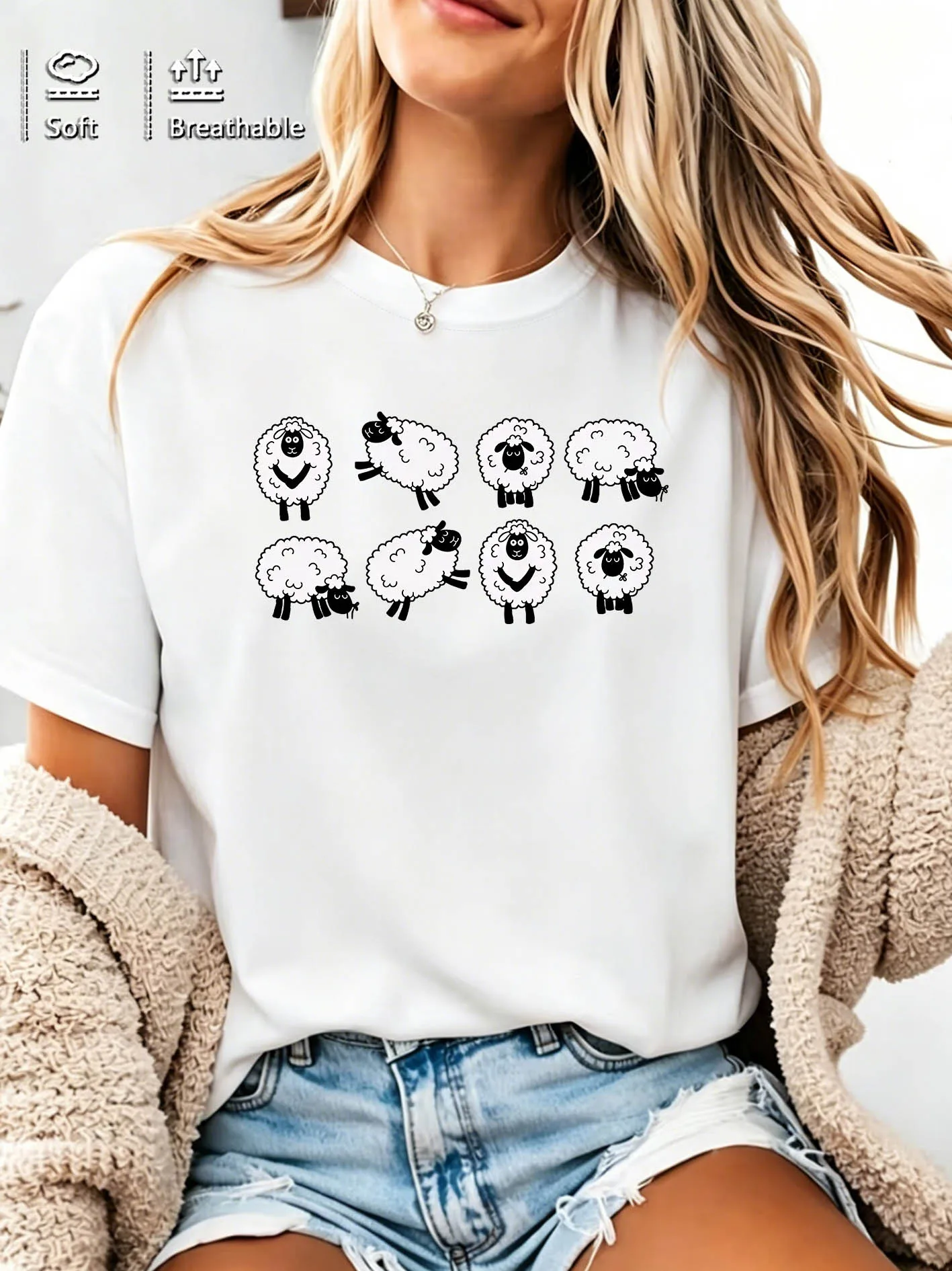 Women Crew Neck Tee Cute Cartoon Sheep Graphic Print Short Sleeve Loose Ladies Summer Soft Cotton Plus Size Casual Street Top