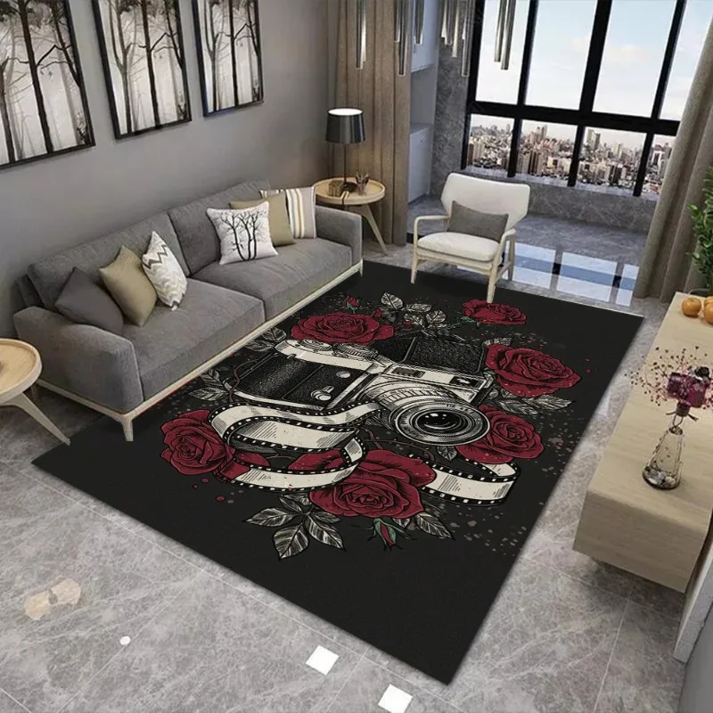 Gothic Skull Carpet Mat - Butterfly Rose Guitar Metallic Texture Sketch Dark Art Black Red Edgy Decorative Home Decoration Rug