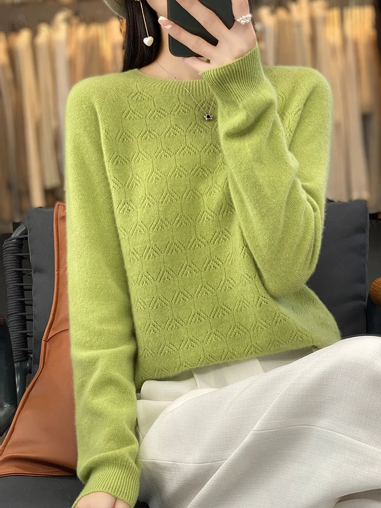 Women O-neck Knitted Thin Cardigan 100% Merino Wool Long Sleeve Sweater For Spring Autumn Casusal Hollow out tops Clothing