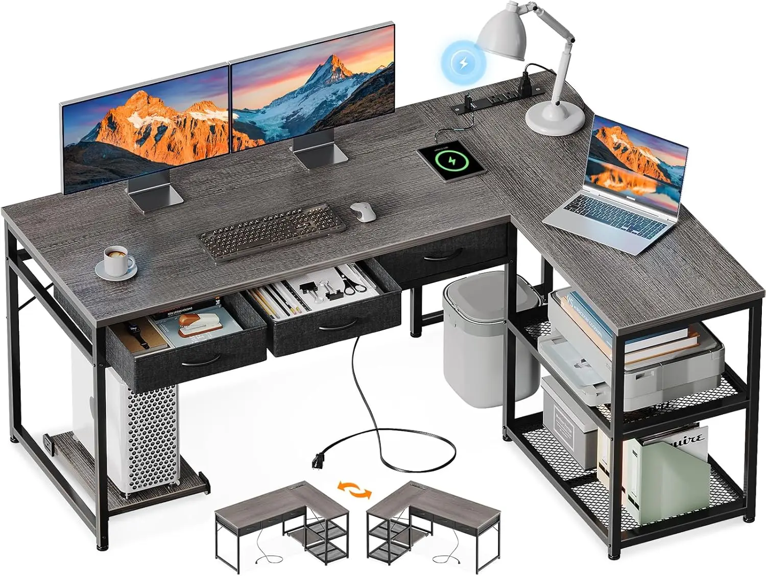 53 Inch L Shaped Computer Desk with Drawers, Corner Desk with Power Outlets & Reversible Storage Shelves, Movable CPU Stand for