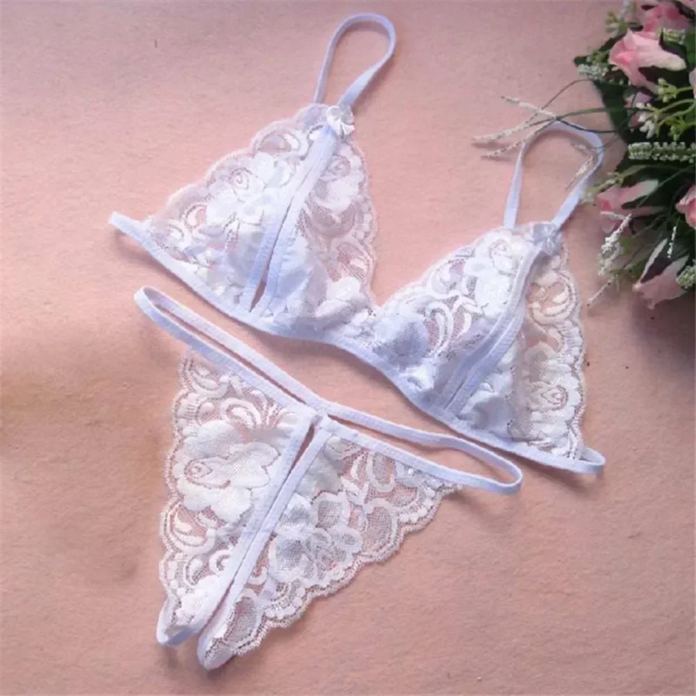 Sexy Women Seductive Underwear Suit Lace Bra Crotchless Thong Panties Erotic Sleepwear Three Point Perspective Nightwear 2pcs