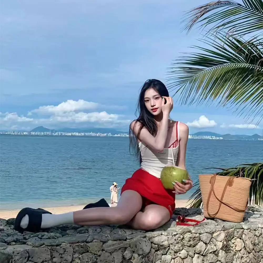 

Elastic Sweet Swimsuits Two Piece V Hem Sleeveless Floral Bikini Set Women Korean Style Backless Hot Spring Swimwear Hot Spring