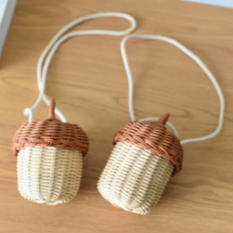 Neuer eichelförmiger Aufbewahrungskorb, handgewebt, rund, Rattan-Tasche, Eimer, tropischer Strandstil, gewebte Umhängetasche, Foto-Requisiten – Detail 4