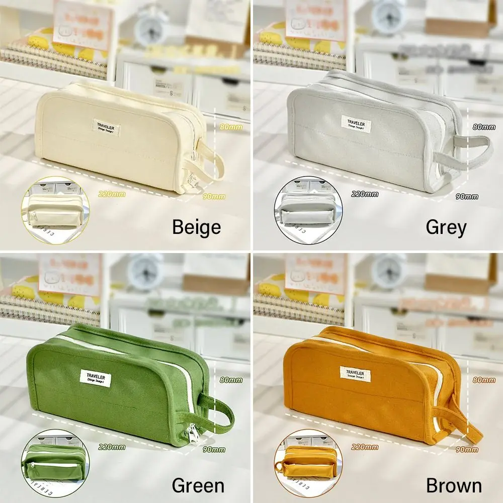 Large Capacity Pen Bag Simplicity Canvas Waterproof Pencil Case Solid Color Pencil Box Student Gift