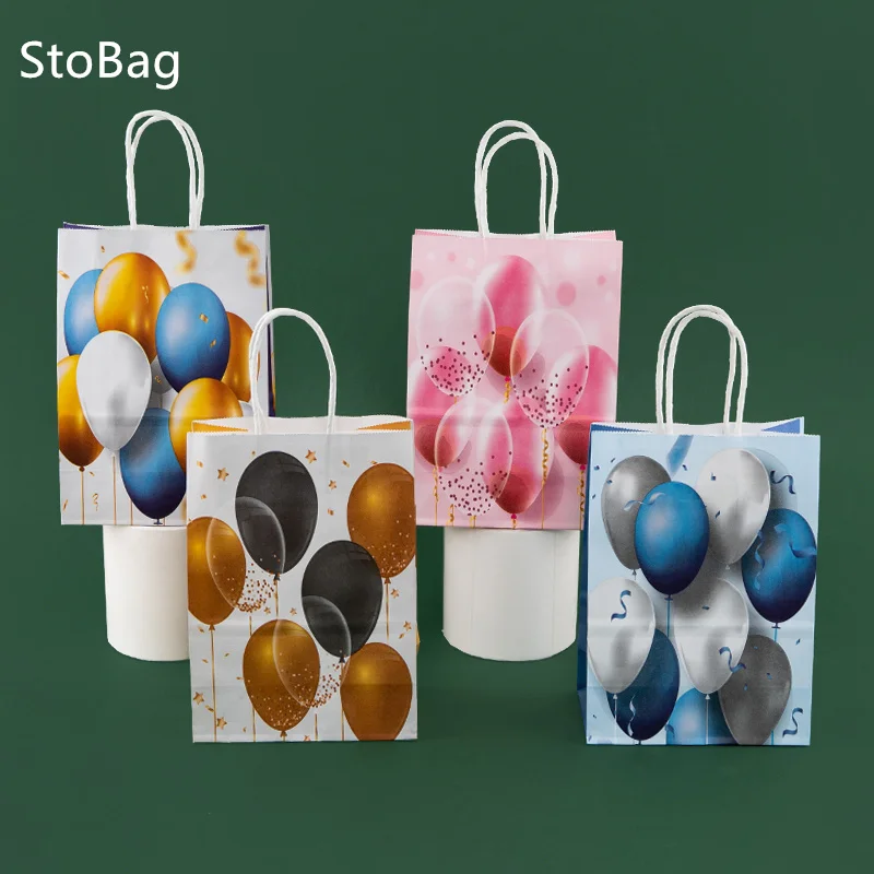 StoBag-Kraft Paper Gift Bags Balloon Packaging Candy Cake Donut Biscuit Snack Chocolate Cookies Bread Kids Birthday Party 5Pcs