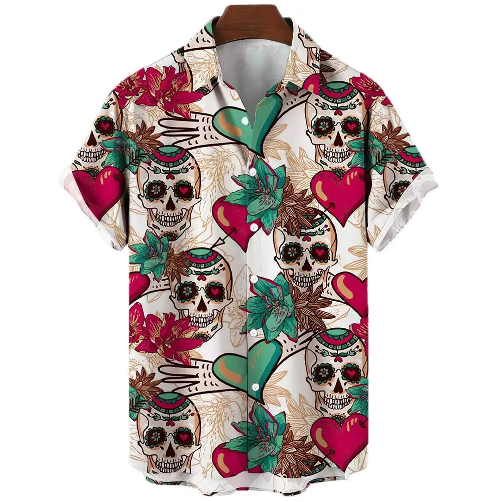 Hawaiian Summer Horror Skull Shirts For Men Vintage Casual 3d Print Rocker Gothic Rockabilly Short Sleeve Top Imported Clothing