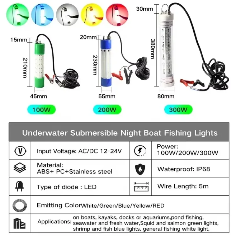2025Ip68 300W 5M Underwater Squid Led Lighting Attracting Lure Led Fishing Light Squid Fishing Finder