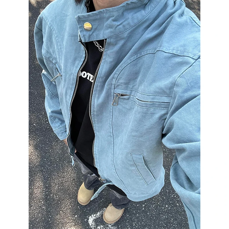 

Waed Blue ort Men's Denim Jaet Stand Collar Baseball Sle American Retro Harrington Coat Youthful Vitali Loose Fit