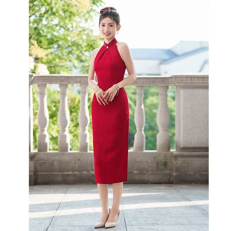 Sleeveless No. 50 Cheongsam Toast Autumn Bride Wedding New Wine Red Young 2024 Improved Engagement Chinese Dress Banquet