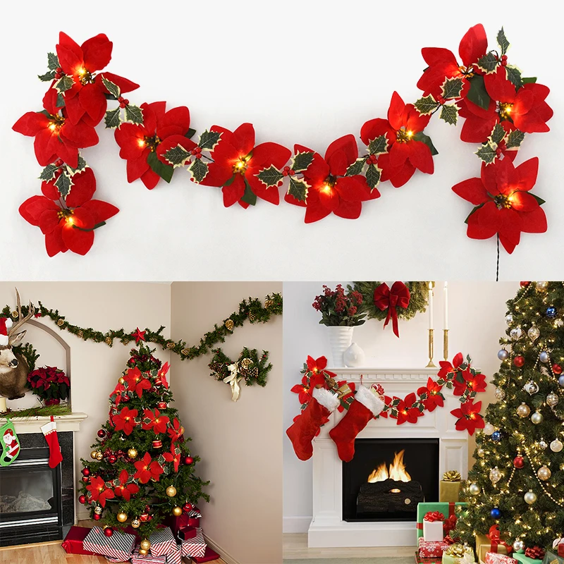 

2M 10LED Artificial Poinsettia String Light Christmas Flower Garland with Red Berries Holly Leaves Xmas Tree Ornament Home Decor