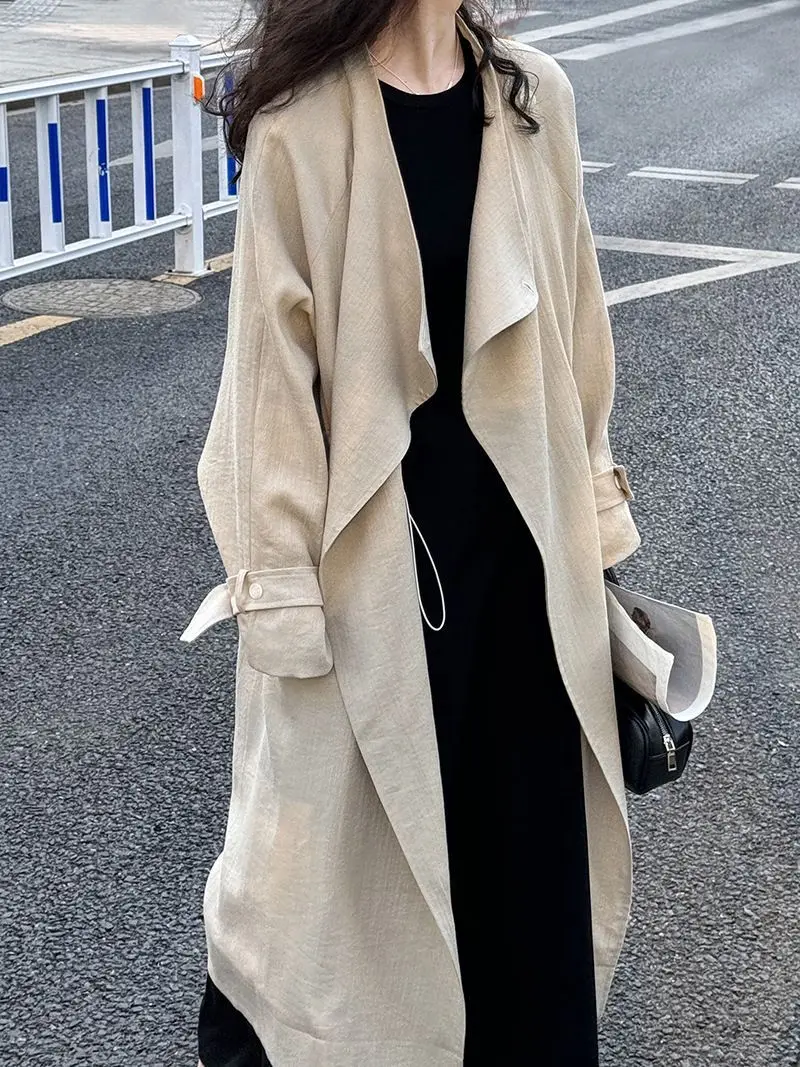 Women Elegant Hepburn Style Midi Coats Y2K Spring Autumn Loose Drawstring Casual Ladies Jacket Korean Chic All Match Outwear