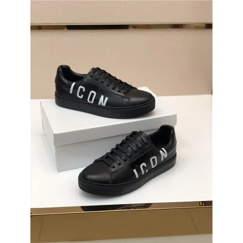 Italy Brand Icon Men Leather Running Shoes Icon Letter Printed Casual Streetwear Male Homme Tenis Masculino Board Sneakers