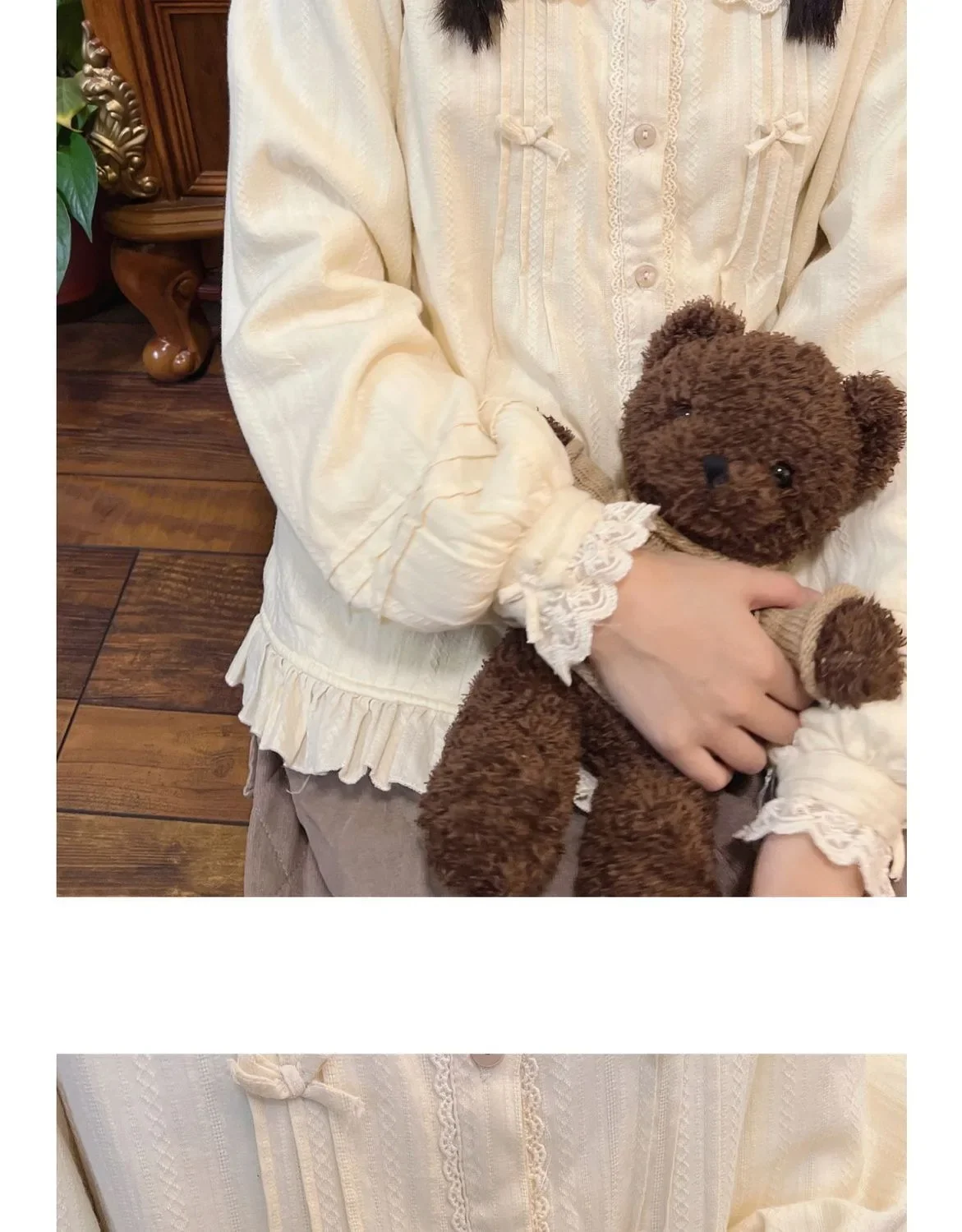 Cream Apricot Lace Doll Collar Shirt Autumn and Winter Fleece-lined Thick Cotton Tops Jacquard Fabric Inner Wear Blouse