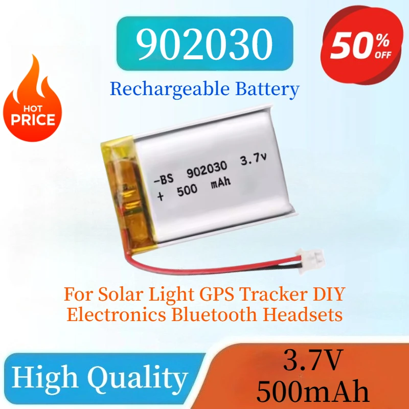 

902030 3.7V 500mAh Rechargeable Li-Polymer Battery For Solar Light GPS Tracker DIY Electronics Bluetooth Headsets High Quality