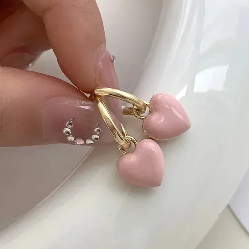 Red Epoxy Heart Shape Charm Drop Earrings Pink White Color Heart Gold Plating Cute Girl Drop Earrings Fashoin Women Earrings