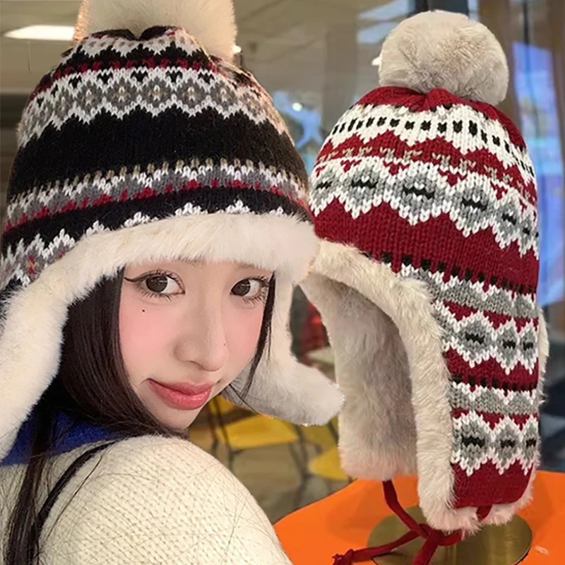 

Winter Fluffy Knitted Hat Women's Japanese Style Ear Protection Snowflake Warm Thickened Anti-Cold Motorcycle Northeast Cap