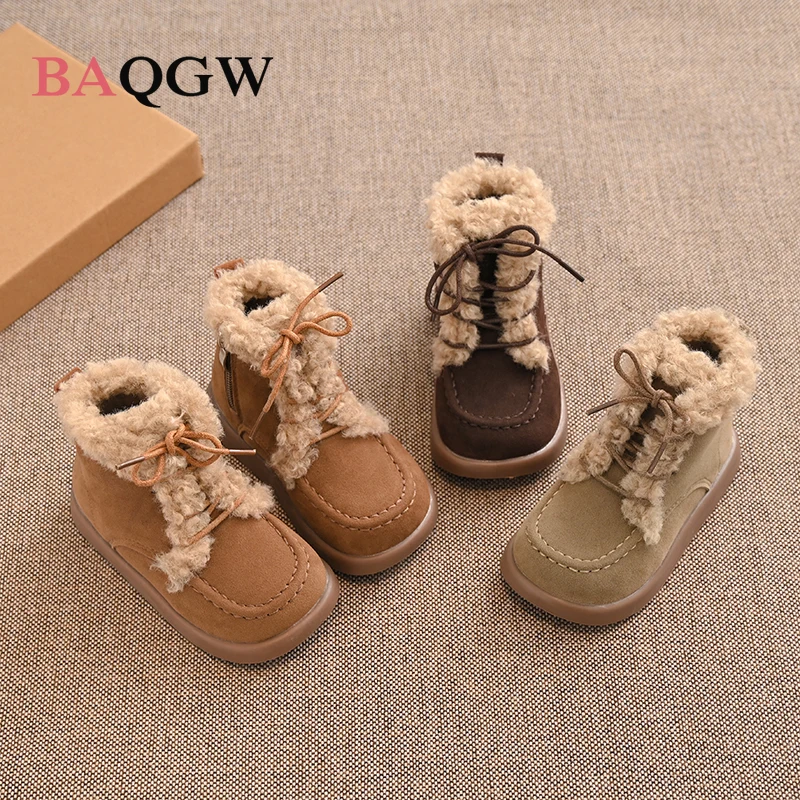 Winter Childrens Boys Girls Genuine Leather Round Head Thick Sole Lambswool Short Boots Kids Toddler Soft Sole Flat Cotton Shoes