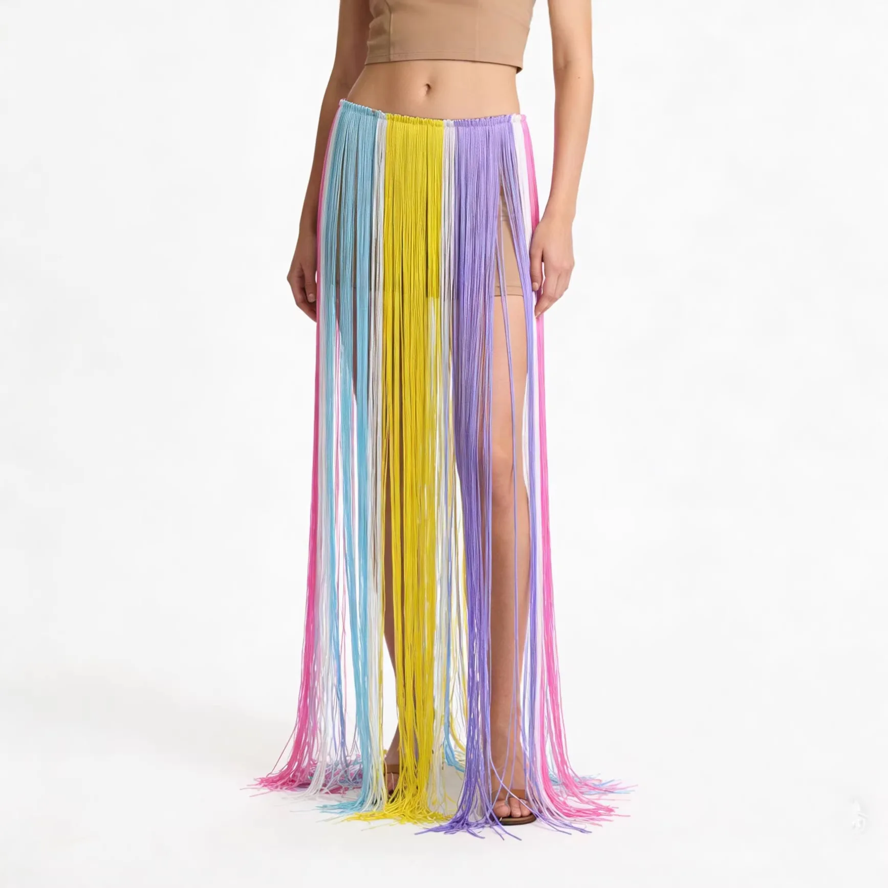 Women Rainbow Tulle Skirt Hit Color Tassel Hollow Out Long Skirt Fashion Bikini Cover Ups Party Holiday vacation beach Skirt