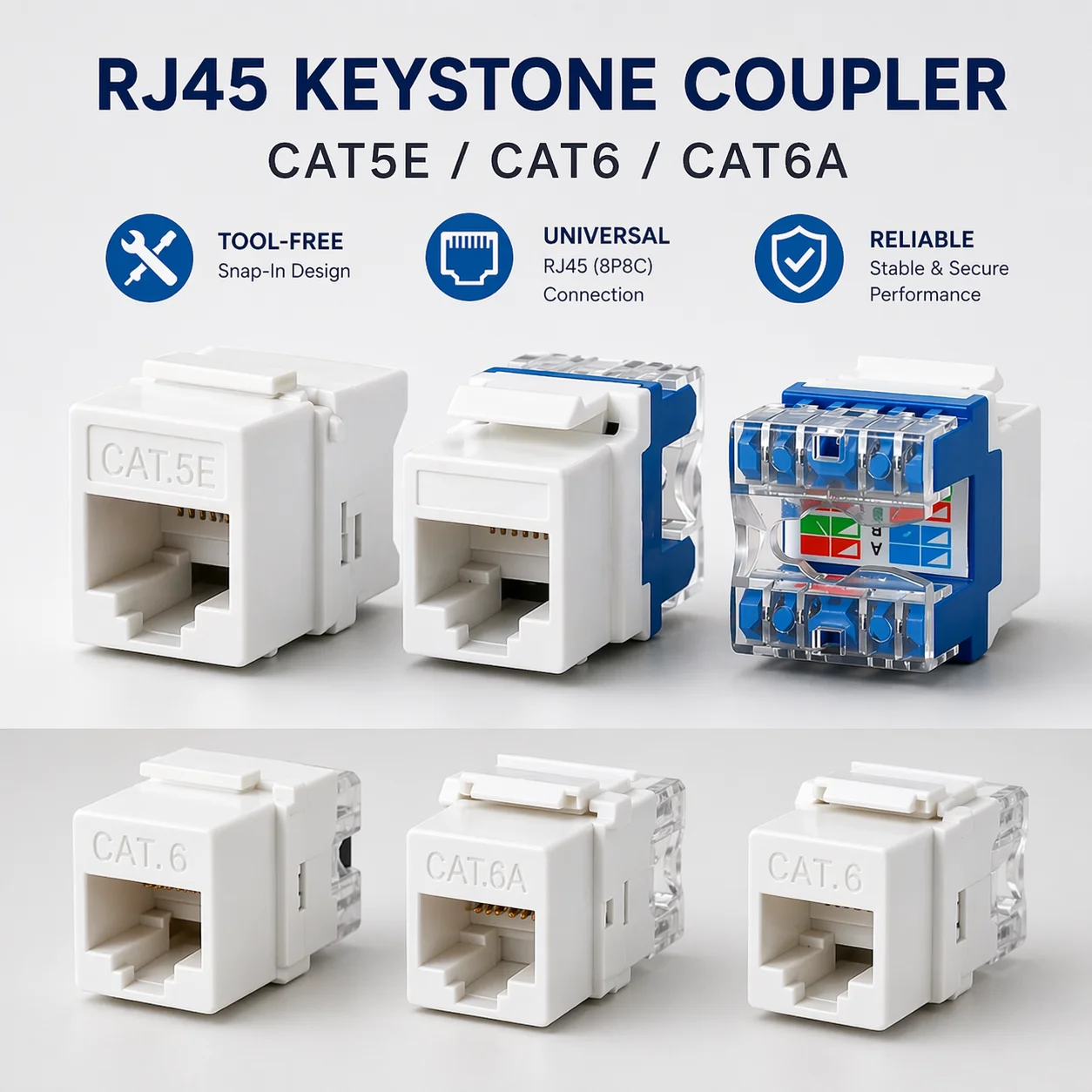 

CAT6A CAT6 CAT5E No-Tool Snap-In RJ45 Wall Socket Coupler 8P8C Ethernet Port for Home Office Server Room