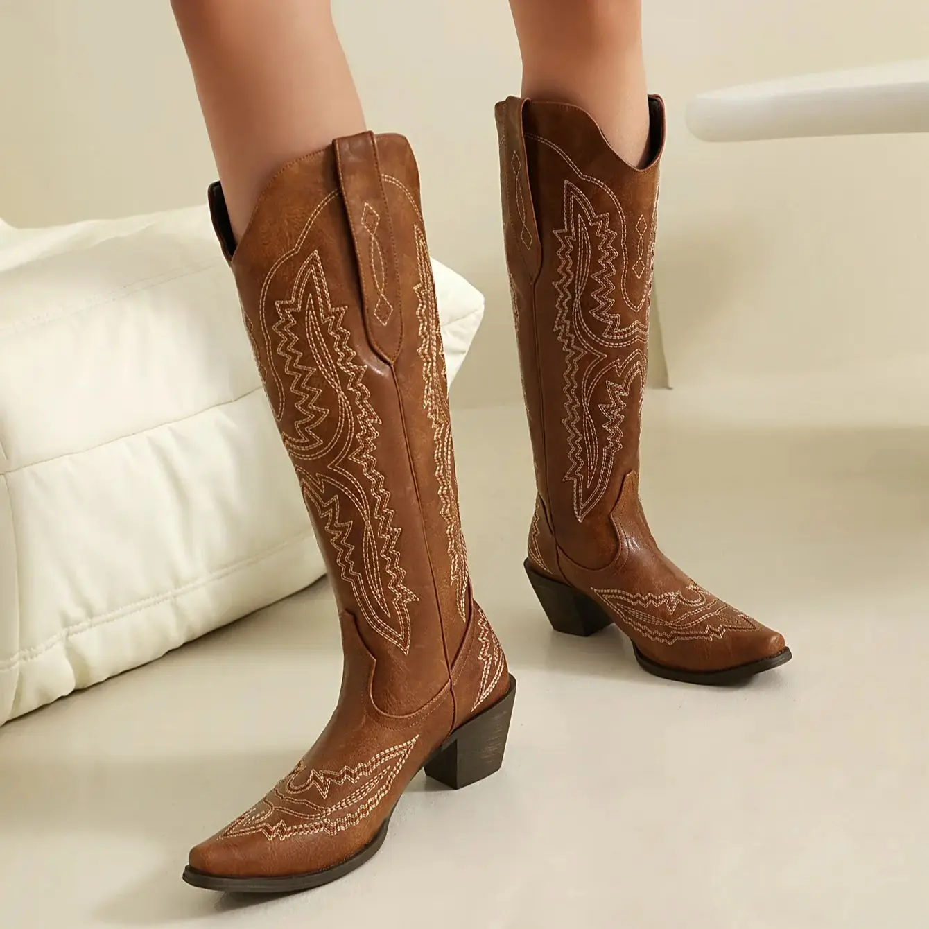 IPPEUM Cowboy Boots For Women Knee High Pu Leather Brown Size 46 Winter Embroider Western Cowgirl Shoes