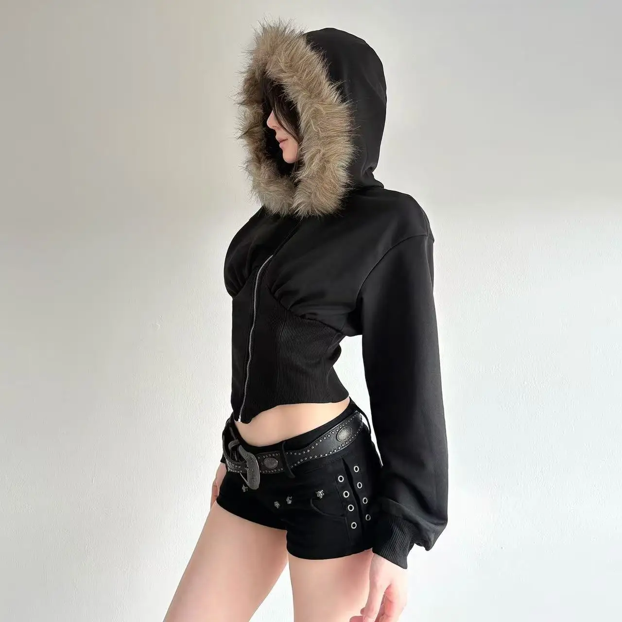 Autumn and Winter Women Fur Collar Zipper Short Sweatshirt Jacket Y2K Hot Girls Sexy Long Sleeve Tops Coat Streetwear Outer Wear