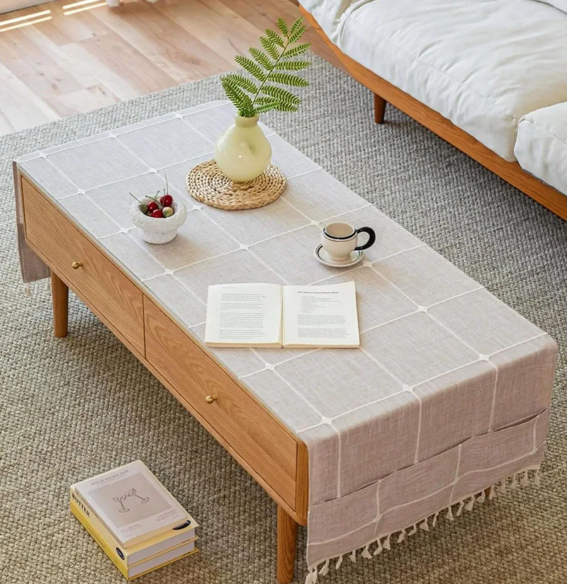 Nappe de table basse, avec poche et pompons, jacquard pour salon, petite nappe rectangulaire, housse anti-poussière pour lave-linge, sèche-linge, réfrigérateur