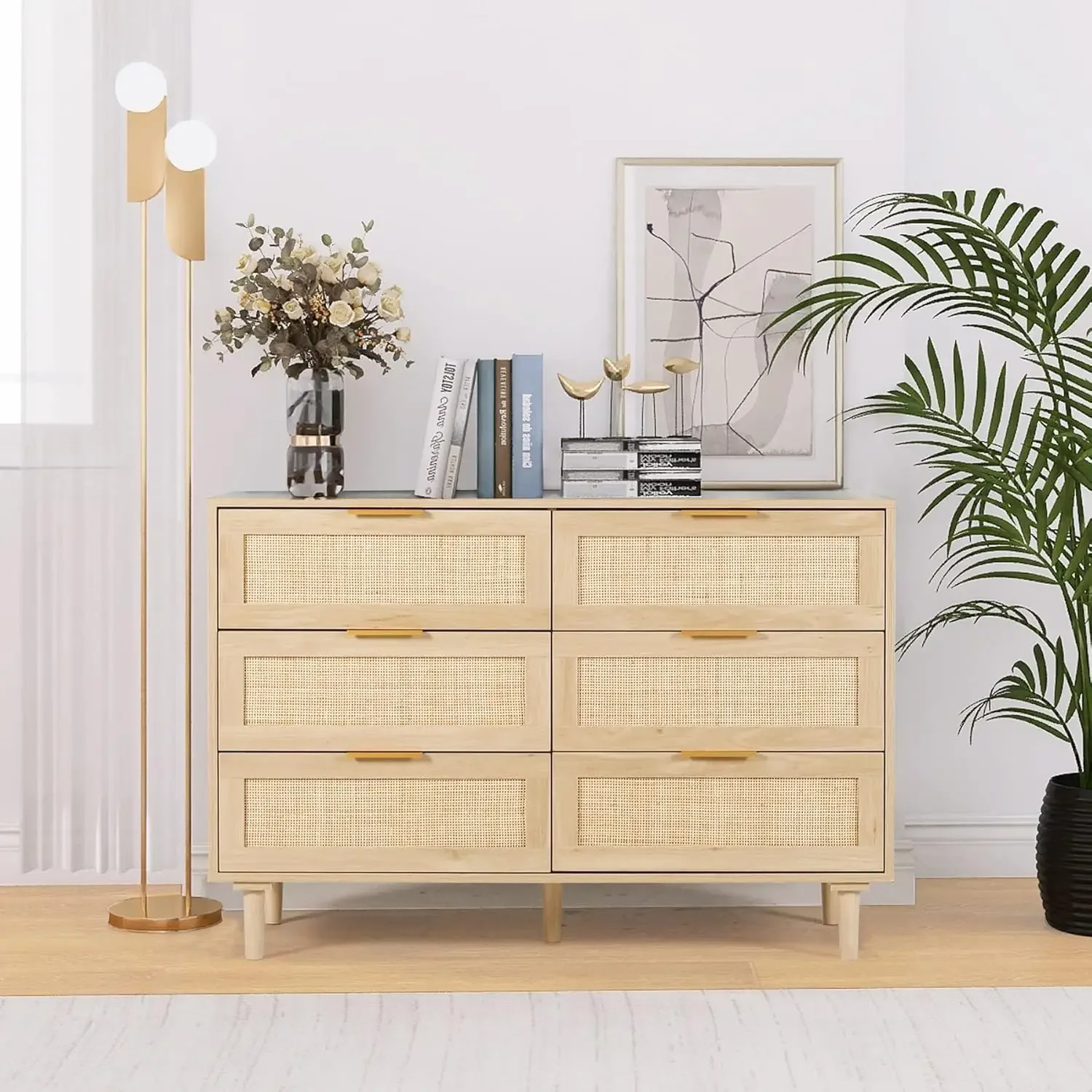 Dresser for Bedroom, Modern 6 Drawer Double Dresser with Gold Handles, Wood Storage Chest of Drawers fo Bedroom,Living Room,Hall