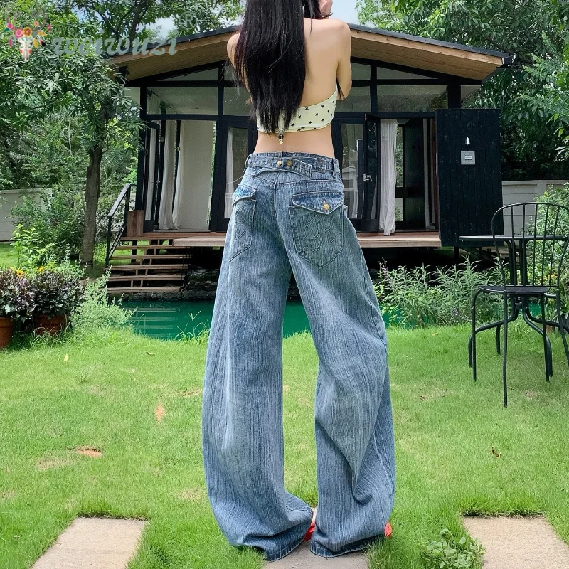 Women Retro Bamboo Patterned Jeans Adjustable Buckle Back Detail Roomy Wide Straight Leg with Gentle Drape Daily Casual Bottoms