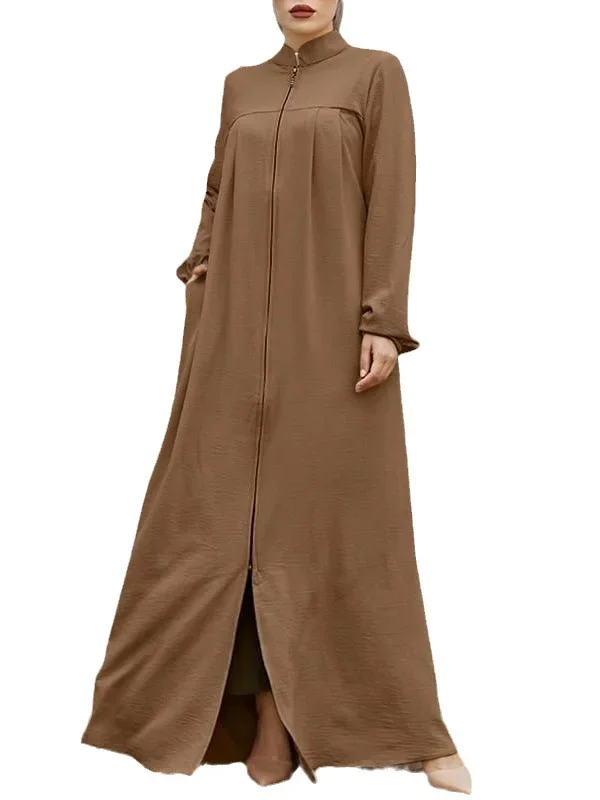 Jalabiya-Robe musulmane à manches longues pour femme, tenue décontractée, couleur unie, caftan, caftan, fermeture éclair, pour le ramadan