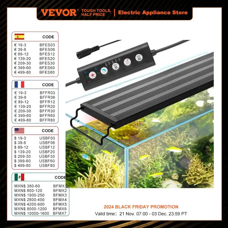 VEVOR Aquarium Light 26W with 5 Levels Adjustable Brightness with ABS Shell Extendable Brackets for 36