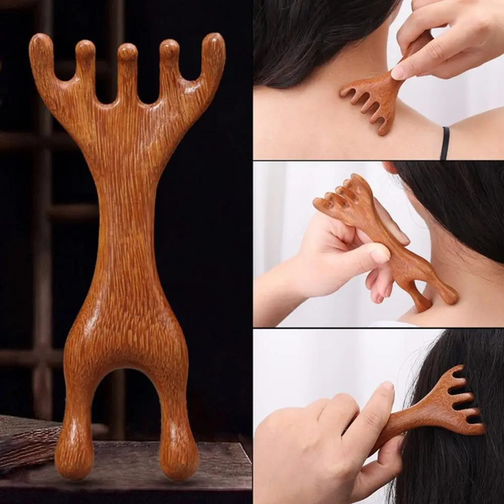 

Sandalwood Meridian Massage Comb - 6-Claw Deer Antler Design for Scalp & Body, Long Handle Guasha Scrubber with Wide Teeth
