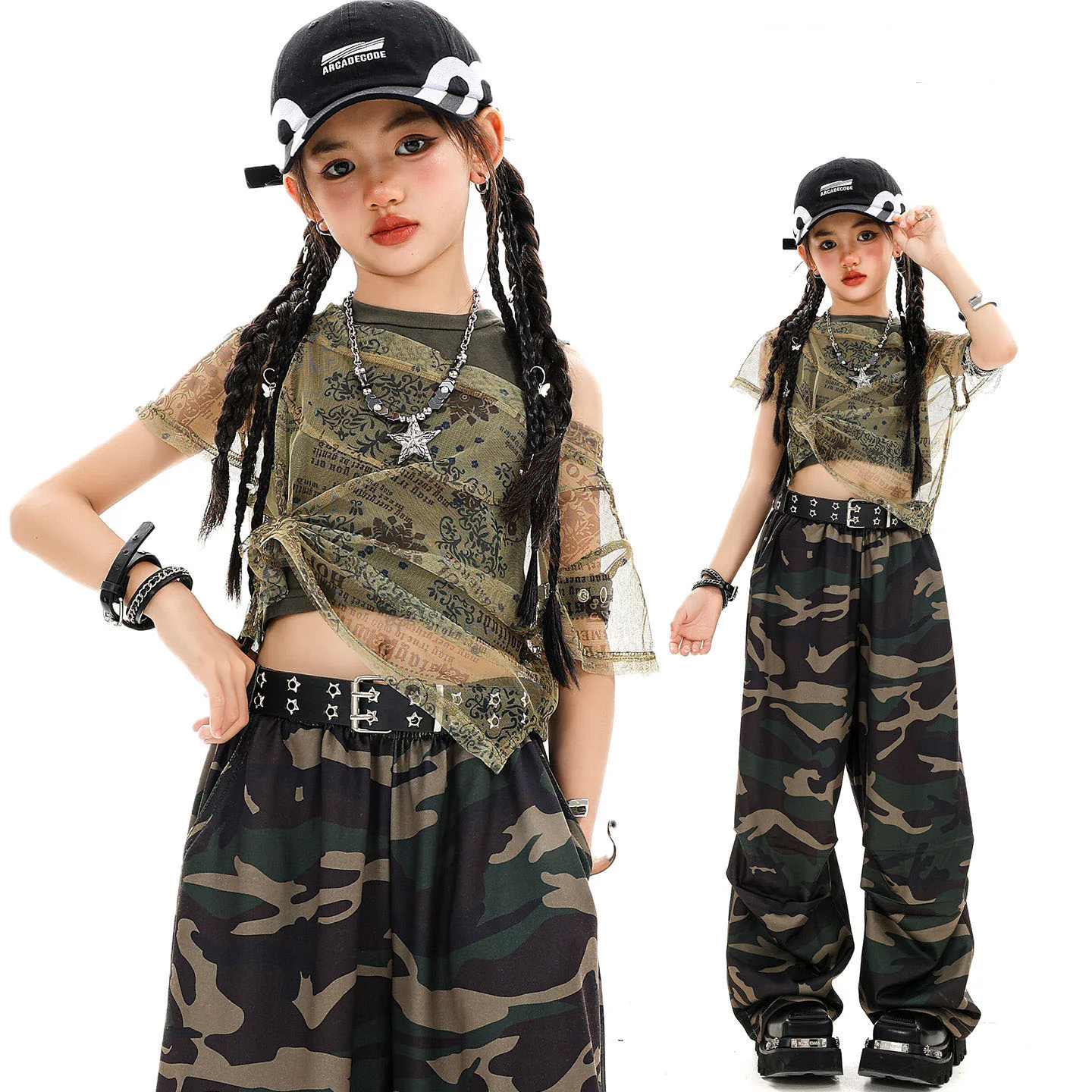

Kid Hip Hop Clothing Print Mesh Smock Crop T Shirt Army Green Tank Top Camo Parachute Pants for Girls Jazz Dance Costume Clothes