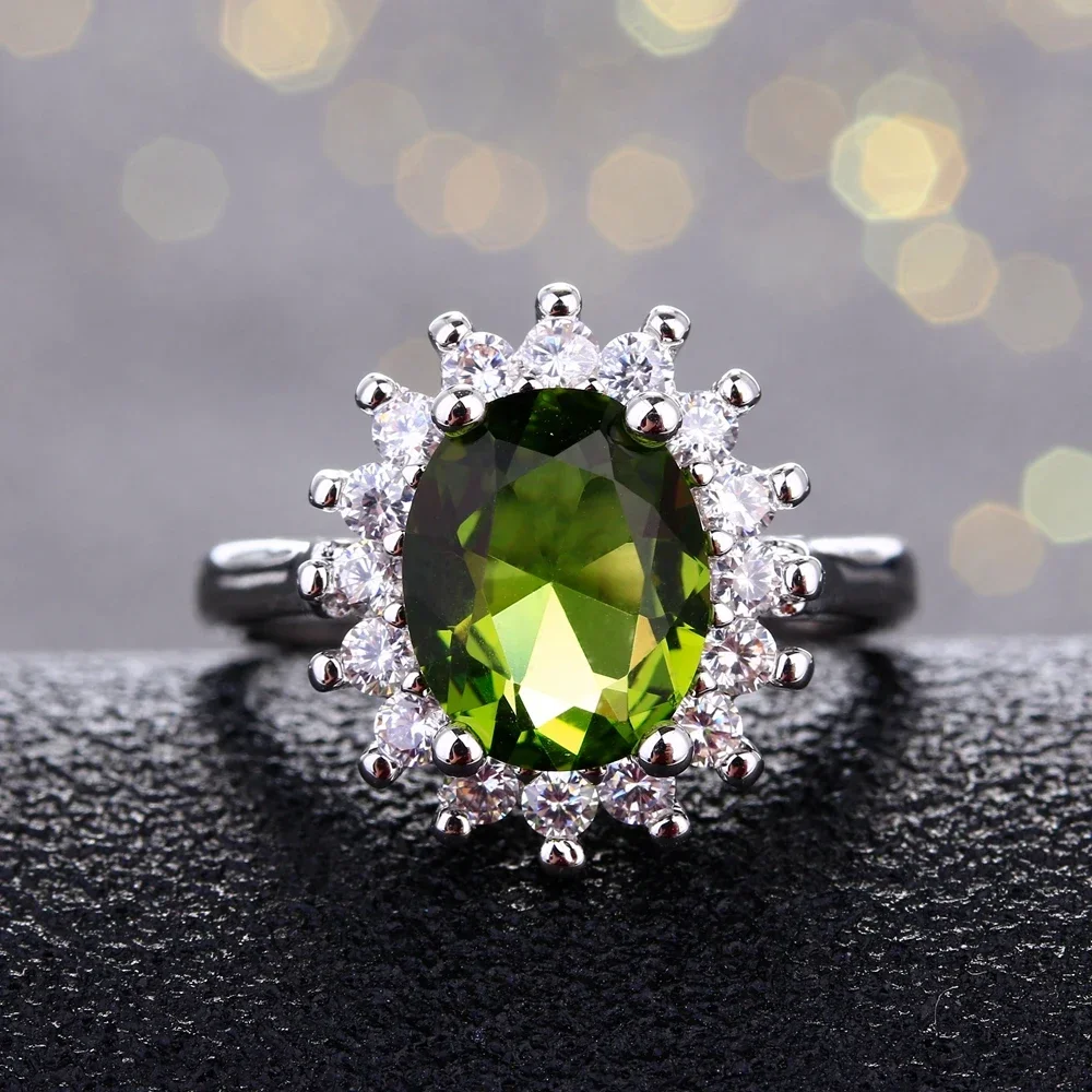 925 Sterling Silver Ring Flower Silver Rings with Peridot Stones Shining Luxury Wedding Engagement Rings for Women Jewelry Gifts