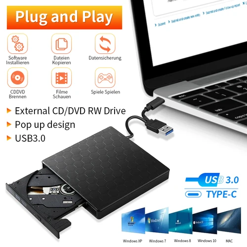 2 en 1 USB3.0 C delgado externo DVD RW CD escritor unidad grabadora reproductor unidades ópticas para ordenador portátil PC grabadora de DVD portátil