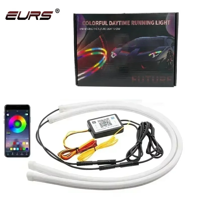 

2 шт. RGB светодиодные DRL дневные ходовые огни плавные указатели поворота приложение/RF пульт дистанционного управления светодиодная лента для фар автомобиля 30 см 45 см 60 см