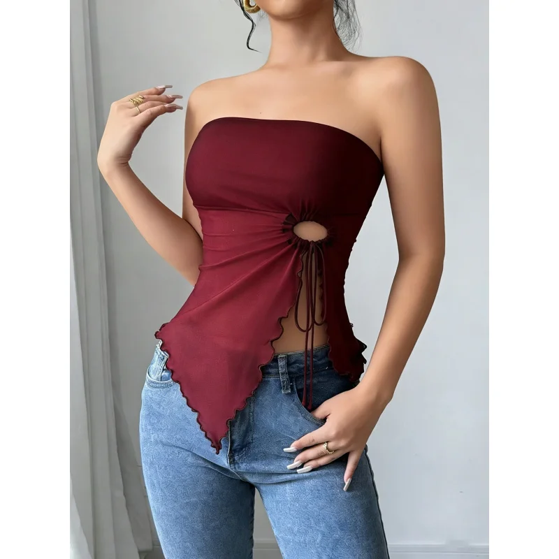 Women's Spring/Summer Fashion,  Trendy Apparel, Simple Solid Color Cropped Top with Back Cutout, Strapless Bandeau