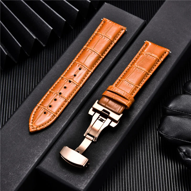 Bamboo Pattern Leather Watch Band Strap with Automatic Butterfly Deployment Clasp 18mm 20mm 22mm 24mm Straps Watch Accessories