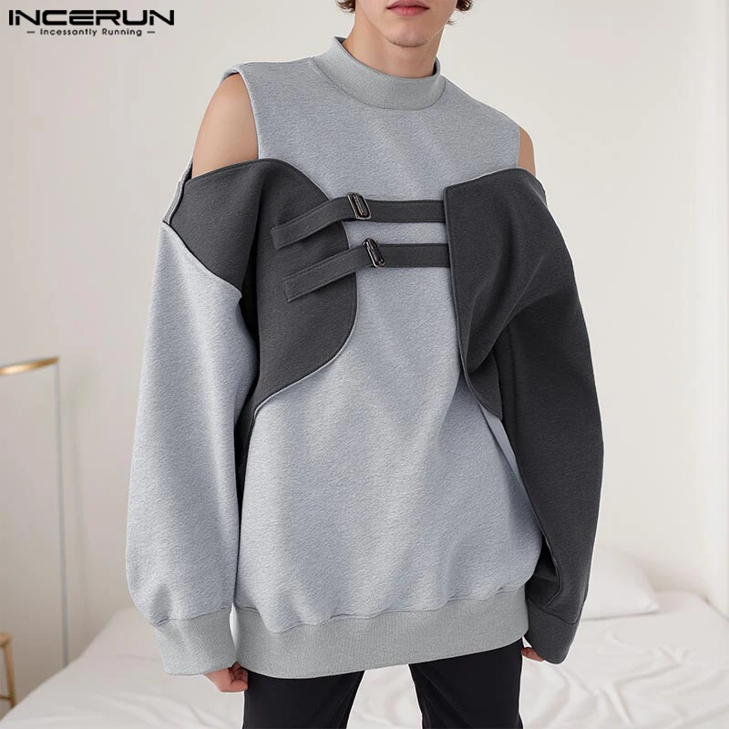 INCERUN Spring Loose Hoodies Men Long Sleeve Simple Knitted Sweatshirts 2025 Colorblock Bare Shoulder Deconstruction Design Tops