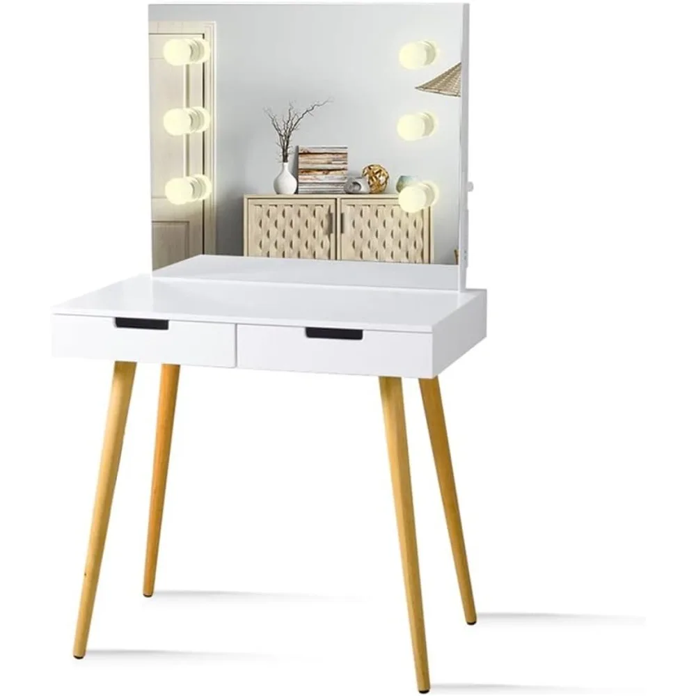 Wooden Dresser Makeup Dresser with and LED Light 2 Drawer Dresser White (D 52.95