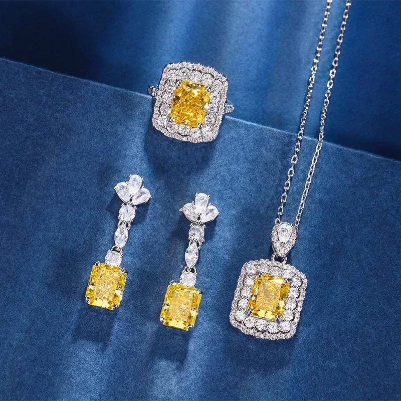 

Exquisite Yellow Cushion Cut Zirconia Delicate Jewelry Petal Adjustable Ring Necklace Earrings with Dazzling for Women Gift