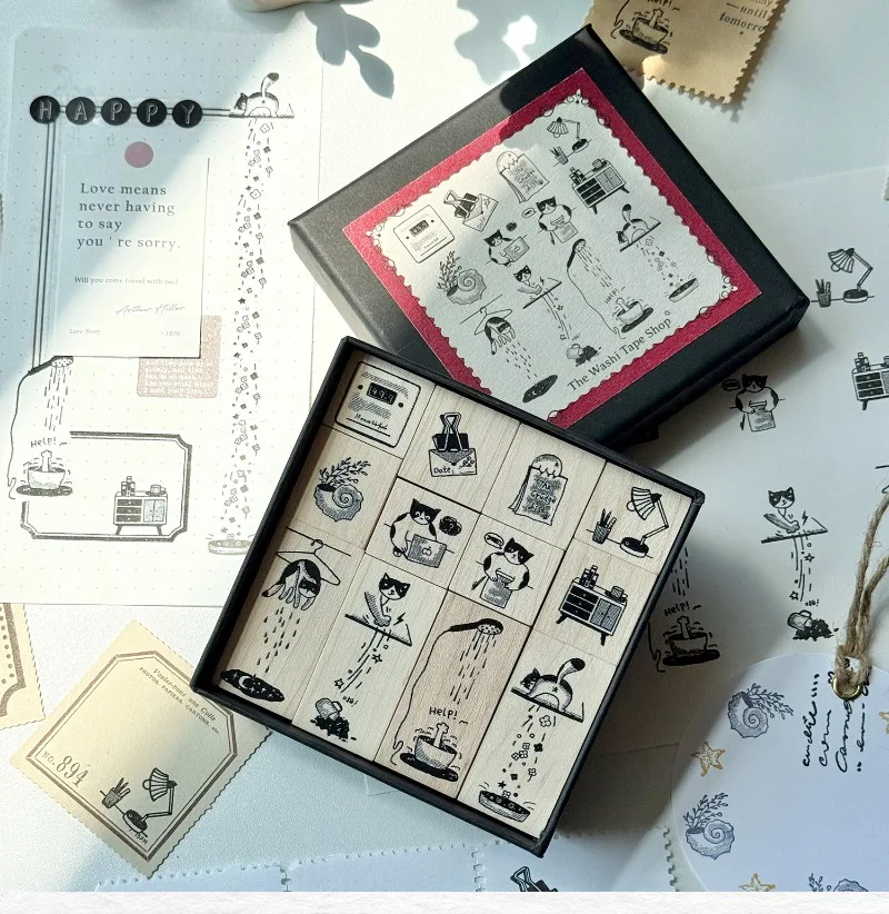 

12 шт./пакет, милый озорной кот, деревянный резиновый штамп, сделай сам, скрапбукинг, фотоальбом, изготовление карточек, деревянная печать