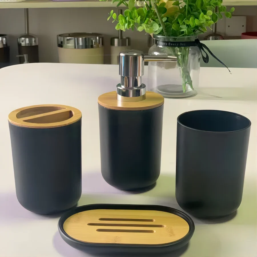 

4pcs Bathroom Accessories Set,Include Toothbrush Holder and Cup,Lotion Dispenser,Soap Dish, Bamboo Cover Set