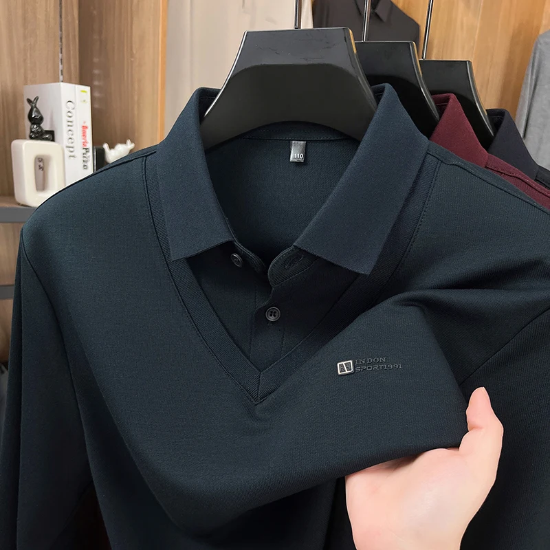 

Men's V-Neck Polo Shirt Long Sleeve Layered Collar Spring Autumn Business Casual Classic Fashion Knit Premium T-shirt Menswear