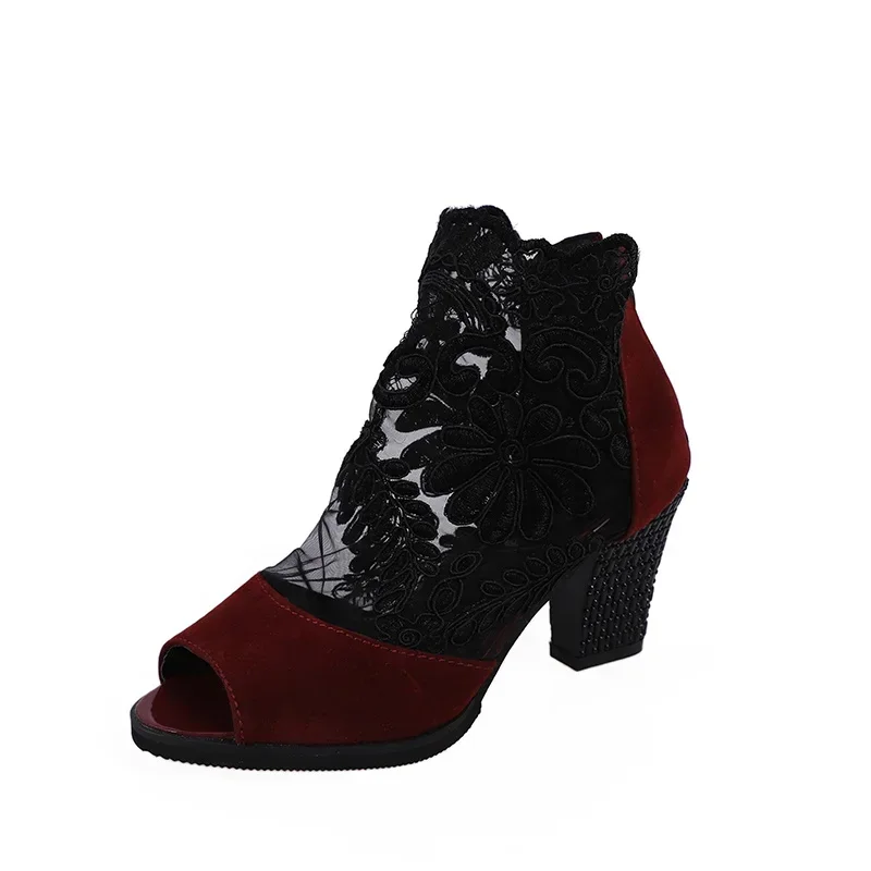 Zapatos de tacón alto con plataforma para mujer, sandalias sexys de encaje negro con punta abierta, a la moda Zapatos de vestir, novedad de primavera y verano