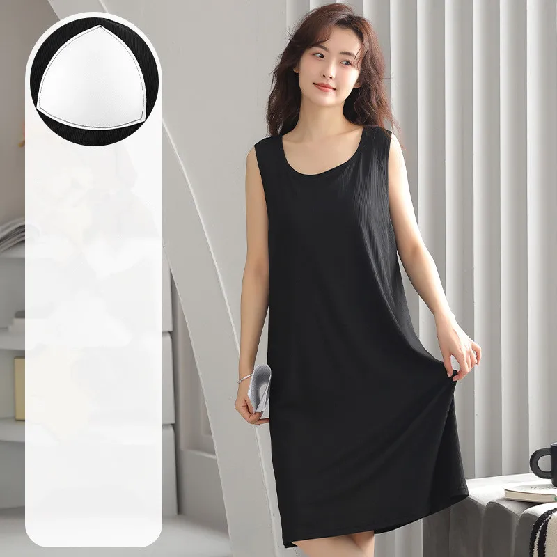 M-4XL Plus Size Sleep Shirts For Women Casual Sleeveless Vest Dress Modal Comfortable Chest Pad Nightgowns Female Nightdress