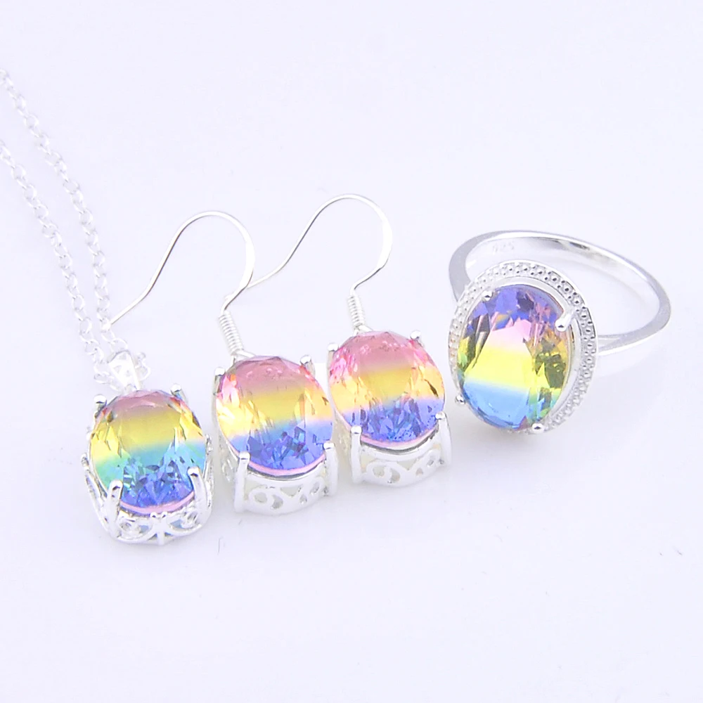 Luckyshine Jewelry Set Oval Rainbow Mystic Topaz Gemstone Silver Pendant Necklace Drop Earrings Rings Size 7 8 9