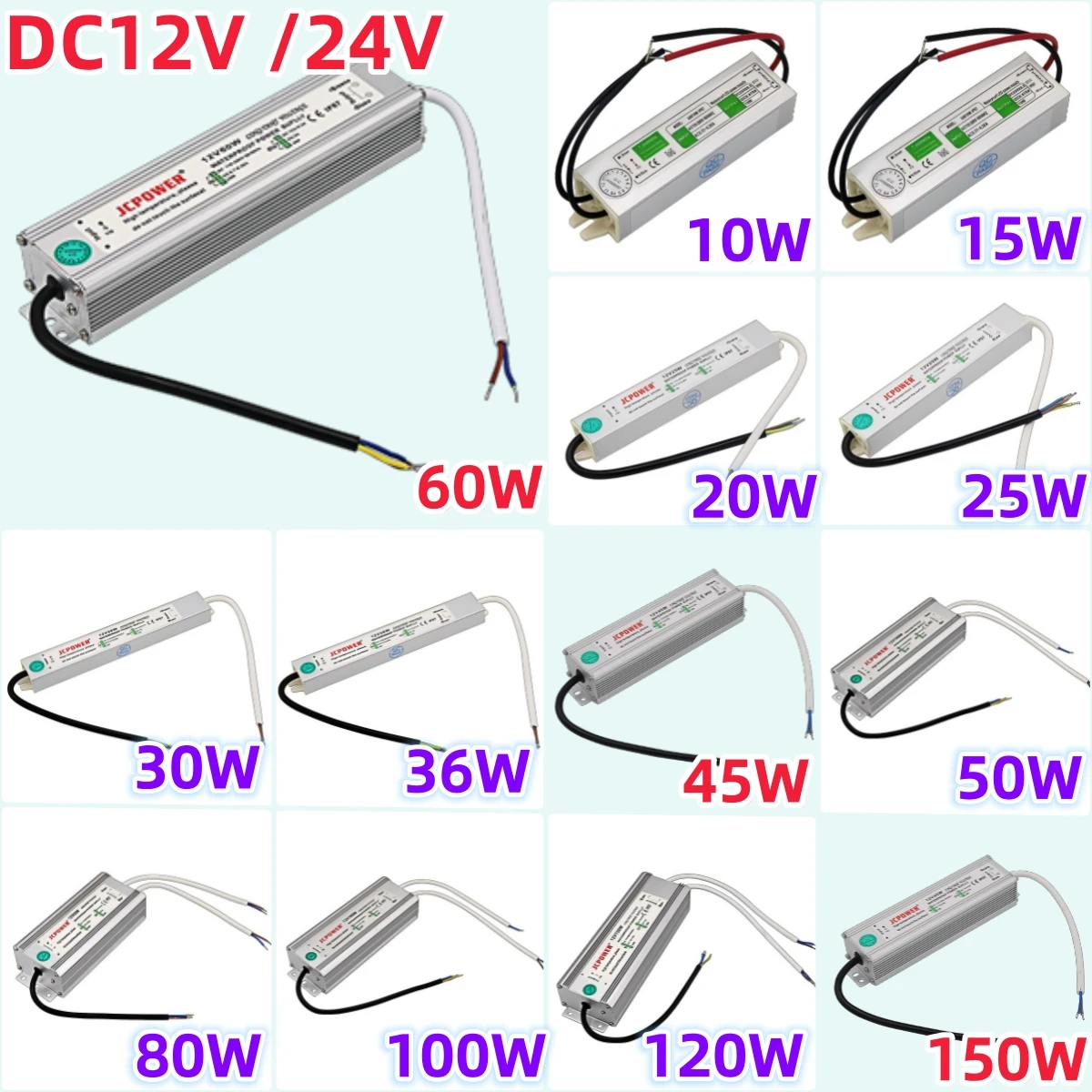 

NEW AC110V 220V To DC12V 24V Waterproof LED Driver IP67 20W 30W 50W 60W 80W 100W 150W for Outdoor Light LED Power Supply Adapter