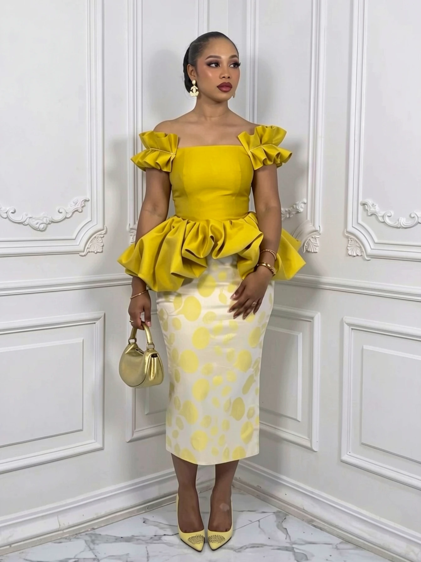 Women Off Shoulder Ruffle Sleeve Polka Dot Midi Dress Peplum Waist Bodycon Pencil Dress For Formal Evening Party Occasion view 4