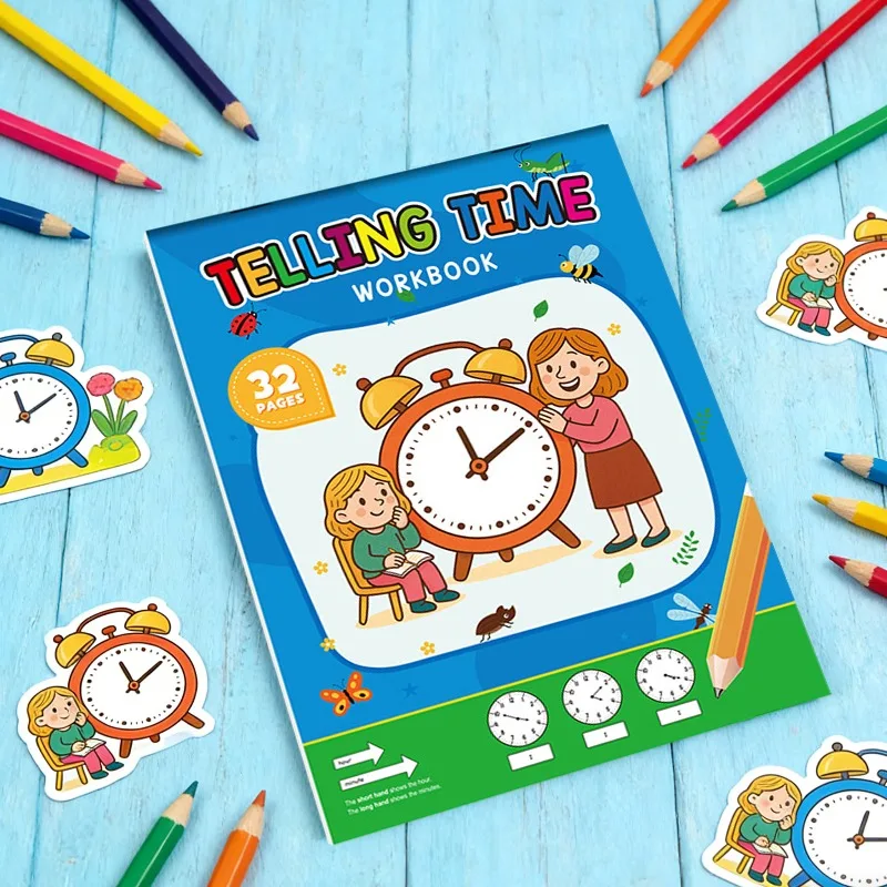 Children's Early Education Exercise Puzzle Clock Drawing Book, Understanding Time, Fun Time Cognition Exercise Book, 32 Pages